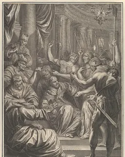 Christ Before Caiaphas, from The Passion of Christ, plate 10 by Grégoire Huret