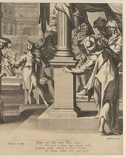 Susanna before Daniel, plate 3 from "Thronus Justitiae, tredecim pulcherrimus tabulis..." by Willem van Swanenburg