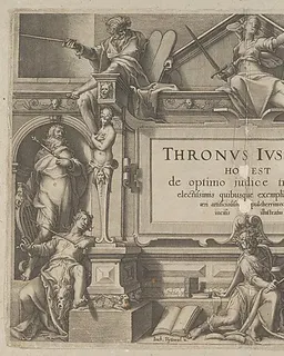 Title Page Set in an Architectural Frame with Allegorical figures and Christ, from "Thronus Justitiae, tredecim pulcherrimus tabulis..." by Willem van Swanenburg