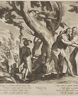 The Meeting of Moses and Jethro, plate 1 from "Thronus Justitiae, tredecim pulcherrimus tabulis..." by Willem van Swanenburg