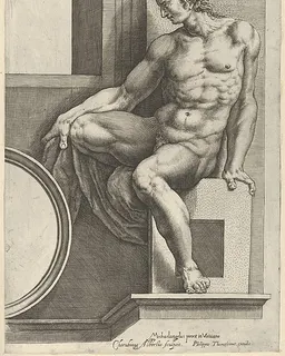 A naked man (Ignudo), seated facing left, holding a piece of fabric, after Michelangelo's  'The Last Judgment' fresco in the Sistine Chapel by Cherubino Alberti (Zaccaria Mattia)