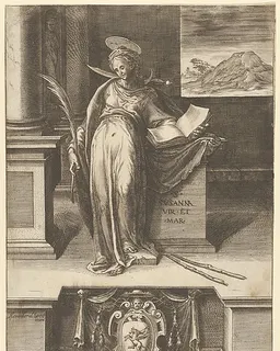 Saint Susanna in an interior holding an open book in her left hand, a palm in her right, a landscape visible through a window at right and at bottom center a coat of arms by Cherubino Alberti (Zaccaria Mattia)