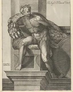A naked man (Ignudo) with a garland with acorns over his shoulders, after Michelangelo's  'The Last Judgment' fresco in the Sistine Chapel by Cherubino Alberti (Zaccaria Mattia)