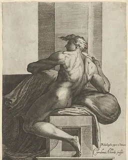 A naked man (Ignudo), seated and facing left, after Michelangelo's  'The Last Judgment' fresco in the Sistine Chapel by Cherubino Alberti (Zaccaria Mattia)