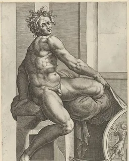 A naked man (Ignudo), twisting towards the right, holding drapery, after Michelangelo's  'The Last Judgment' fresco in the Sistine Chapel by Cherubino Alberti (Zaccaria Mattia)