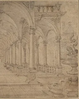 Architectural Capriccio with an Arcade and Fountain in Point Perspective [Study for a Painting of John the Baptist before Herod] by Hans Vredeman de Vries