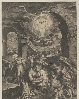 The Birth of Christ, who is held by the Virgin against a penumbra of light, adoring angels, and Joseph leading a donkey at left by Cherubino Alberti (Zaccaria Mattia)