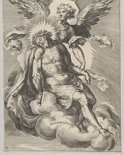 Christ supported by an angel standing on a cloud with light radiating behind them by Cherubino Alberti (Zaccaria Mattia)
