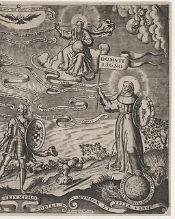 The triumph of faith, a soldier standing in centre holding shield adorned with arms of  Alva; Holy Trinity above, St James Major on horseback at left by Marcos de Orozco