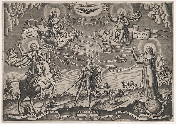 The triumph of faith, a soldier standing in centre holding shield adorned with arms of  Alva; Holy Trinity above, St James Major on horseback at left