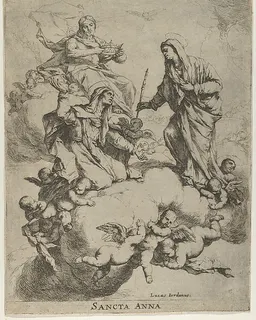 Christ holding a crown upper left, at right the Virgin receiving Saint  Anne in Heaven by Luca Giordano