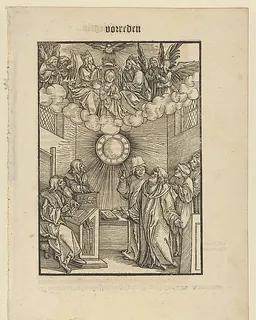 The Author Writing the Layenspiegel; The Trinity and the Virgin at the Upper Center, from "Der Neue Layenspiegel" by Hans Schäufelein
