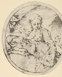The Virgin with the infant Christ seated on a cushion and the young Saint John the Baptist at his feet, an oval composition by Guido Reni
