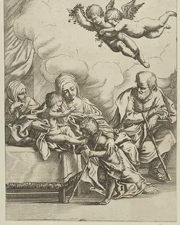 The Holy Family with young John the Baptist and Saint Elizabeth, two angels above, after Reni by Anonymous, 17th century