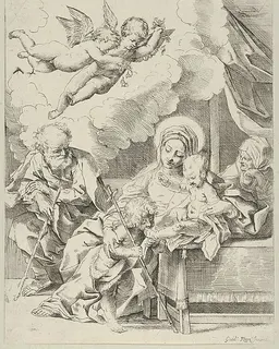The Holy Family with young John the Baptist and Saint Elizabeth, two angels above, after Reni by Anonymous, 17th century