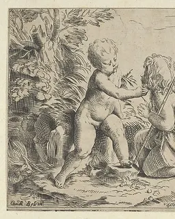 Young Saint John the Baptist kneeling before the infant Christ who caresses his face, the Virgin and Joseph in the background at right, after Reni by Anonymous, 17th century