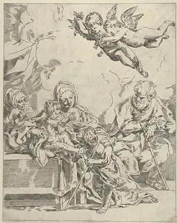 The Holy Family with young John the Baptist and Saint Elizabeth, two angels above, after Reni by Flaminio Torre (Torri)