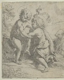 The young Saint John the Baptist kneeling before the young Christ who embraces him, a lamb at right by Guido Reni