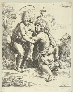 The young Saint John the Baptist kneeling before the young Christ who embraces him, a lamb at right, after Reni by Anonymous, 17th century