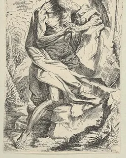 Saint Jerome kneeling on a rock in front of a cross and an open book facing right, after Reni by Anonymous, 17th century