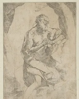 Saint Jerome kneeling on a rock in front of a cross and an open book facing right, after Reni by Anonymous, 17th century