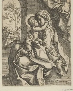 The Virgin seated with the Christ Child on her lap embracing her, Joseph seen through an archway at left, after Reni by Ventura Salimbeni
