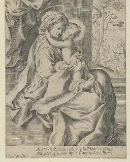 The Virgin seated with the Christ Child on her lap embracing her, St Joseph seen through an archway at right, after Reni by Anonymous, 17th century