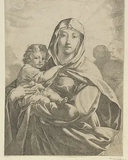 The Virgin standing facing front and holding the infant Christ, angels behind them in the clouds by Anonymous