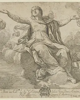 The Assumption of the Virgin, who is seated in the clouds with arms outstretched, angels surrounding her by Fra Antonio Lorenzini