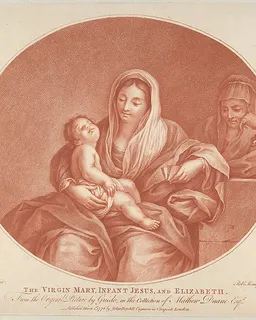 The Virgin seated with the infant Christ sleeping in her lap, Saint Elizabeth at right, an oval composition, after Reni by Robert Menageot