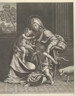 The Virgin seated with the infant Christ on her lap, the young Saint John the Baptist kneeling on Christ's cradle and caressing his foot, a lamb at right, after Reni by Guillaume Vallet