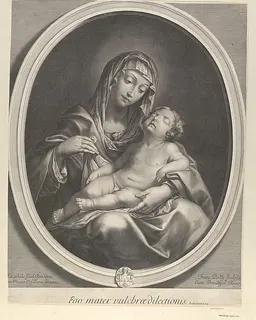 The Virgin seated with the infant Christ sleeping in her lap, in an oval frame, after Reni by Francois de Poilly