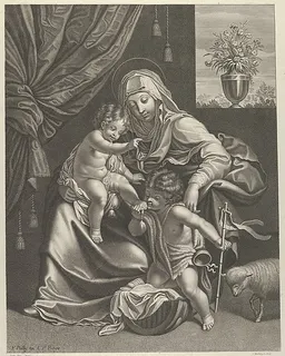 The Virgin seated with the infant Christ on her lap, the young Saint John the Baptist kneeling on Christ's cradle and kissing his foot, a lamb at right, after Reni by Jean Boulanger
