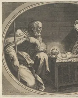 The Virgin kneeling in prayer before the infant Christ who is lying on a wooden box, Saint Joseph at left, a mule at right, in an oval frame, after Reni by Anonymous