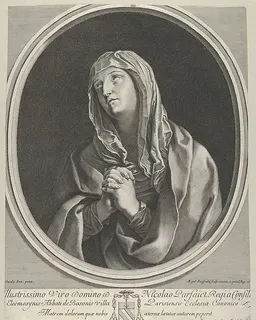 The Virgin in prayer looking up to the left, in an oval frame, after Reni by Gilles Rousselet