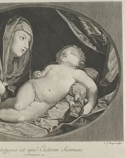 The Virgin with arms crossed over her chest looking at the sleeping infant Christ, in an oval frame, after Reni by Ephraim Gottlieb Krüger