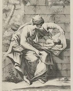 The Virgin seated on a stone ledge with the infant Christ lying on a cushion next to her, after Reni by Jean Sauvé
