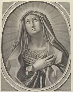 The Virgin with arms crossed over her chest, looking up to the left, in an oval frame, after Reni by Gilles Rousselet