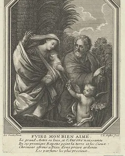 The Flight into Egypt; the holy family walking with the young John the Baptist, trees behind them, in an octagonal frame, after Reni by Claude Augustin Duflos le Jeune