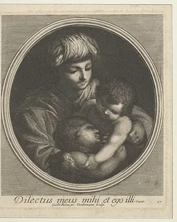 The Virgin with the infant Christ and the young Saint John the Baptist, in a circular frame, after Reni by Jacobus Coelemans