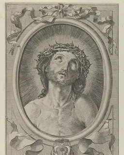 Head of Christ with crown of thorns, in an oval frame with a ribbon above and banderole below, after Reni by Cajetanus Urbinas