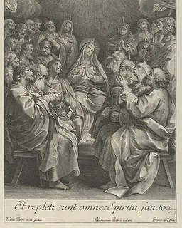 The Virgin with apostles looking up towards the Holy Dove and two angels, after Reni by Giovanni Girolamo Frezza