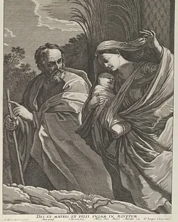 The Flight into Egypt; the Virgin carrying the infant Christ, Joseph pointing to the left, trees behind them, after Reni by Samuel Bernard
