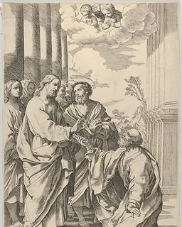Christ giving the keys of the church to Saint Peter who kneels before him by Gian Battista Bolognini