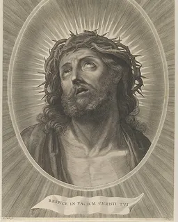 Head of Christ looking up with crown of thorns, in an oval frame, after Reni by Adrian van Melar