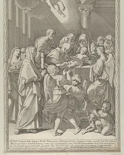 The circumcision of Christ, a group of men, women and angels surrounding him, the young Saint John the Baptist at lower right, after Reni by Giacomo-Maria Giovannini