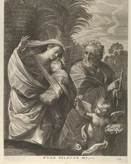 The Flight into Egypt; the Holy Family walking together, Saint Joseph pointing to the right and the Virgin carrying the infant Christ, an angel in front of her offering a flower, after Reni by Anonymous