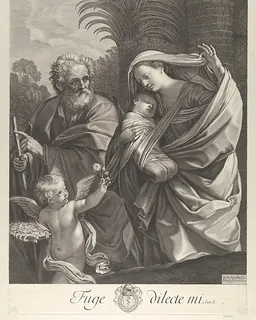 The Flight into Egypt; the Holy Family walking together, Saint Joseph pointing to the left and the Virgin carrying the infant Christ, an angel in front of her offering a flower, after Reni by Francois de Poilly