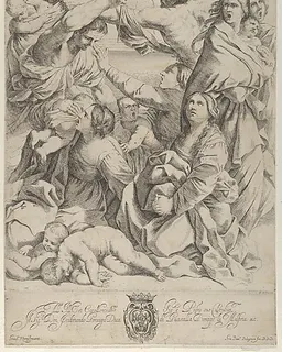 Massacre of the Innocents; group of women and children being attacked, two angels at upper left, after Reni by Gian Battista Bolognini