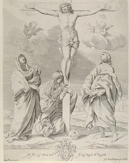 Christ on the cross, Saint John the Baptist at right, Mary Magdelene and the Virgin at left, after Reni by Gian Battista Bolognini